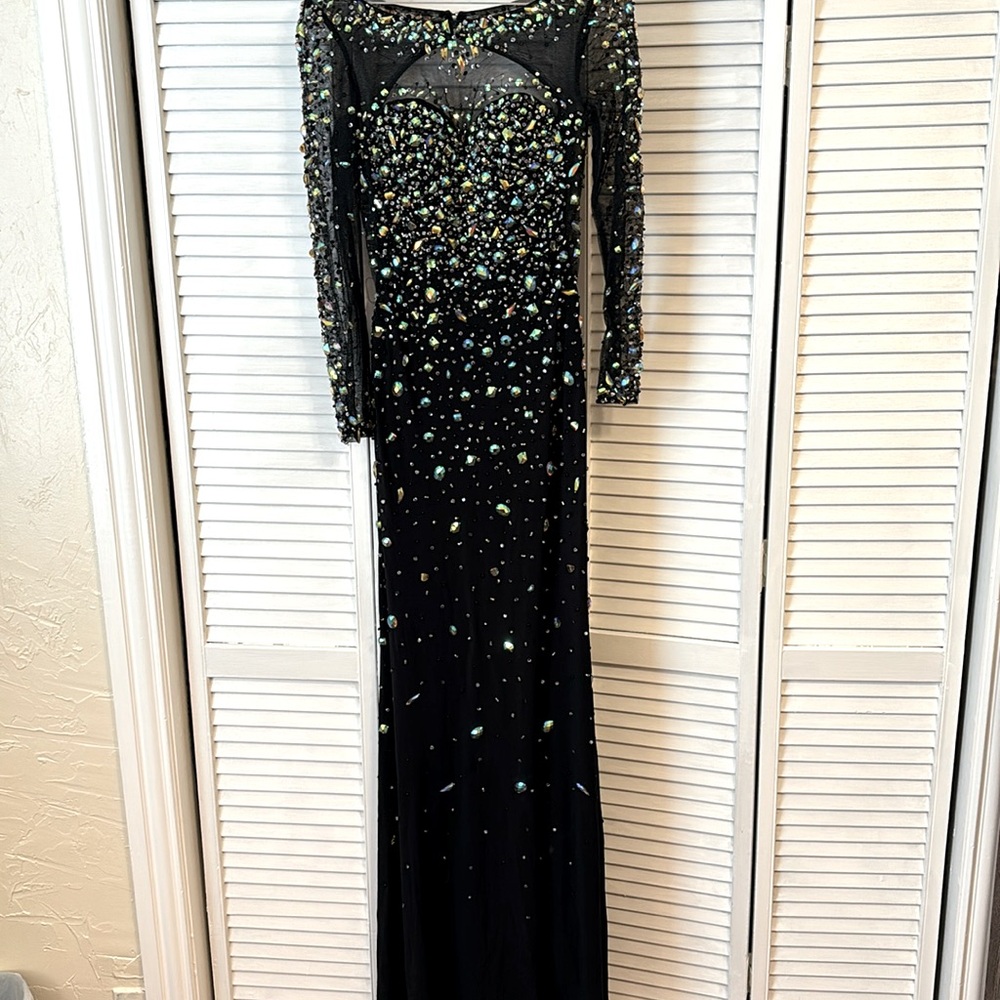 EUC exquisite long sleeve with open back embellished prom dress in black